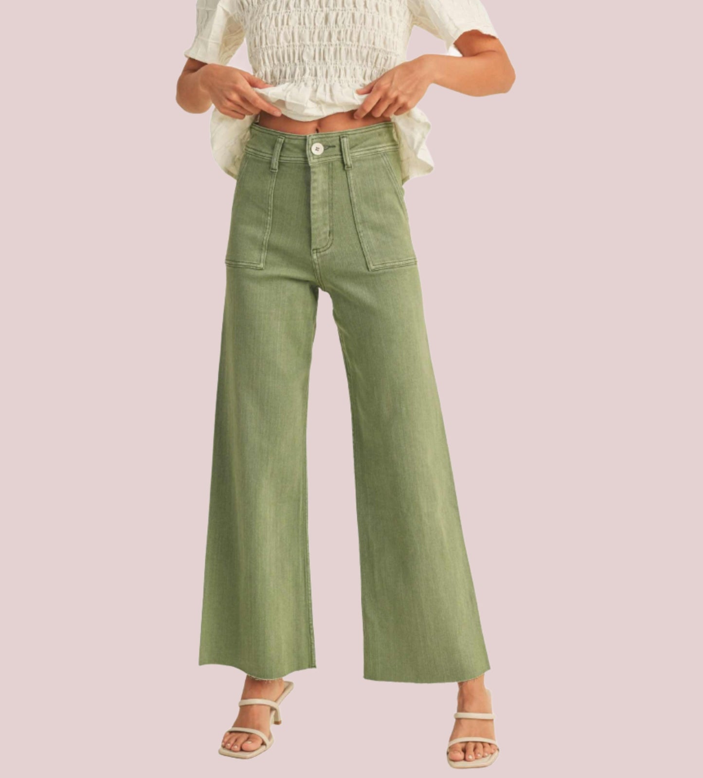 Dye and Wash Cotton Stretch Wideleg Pant in Avocado - BashStyling