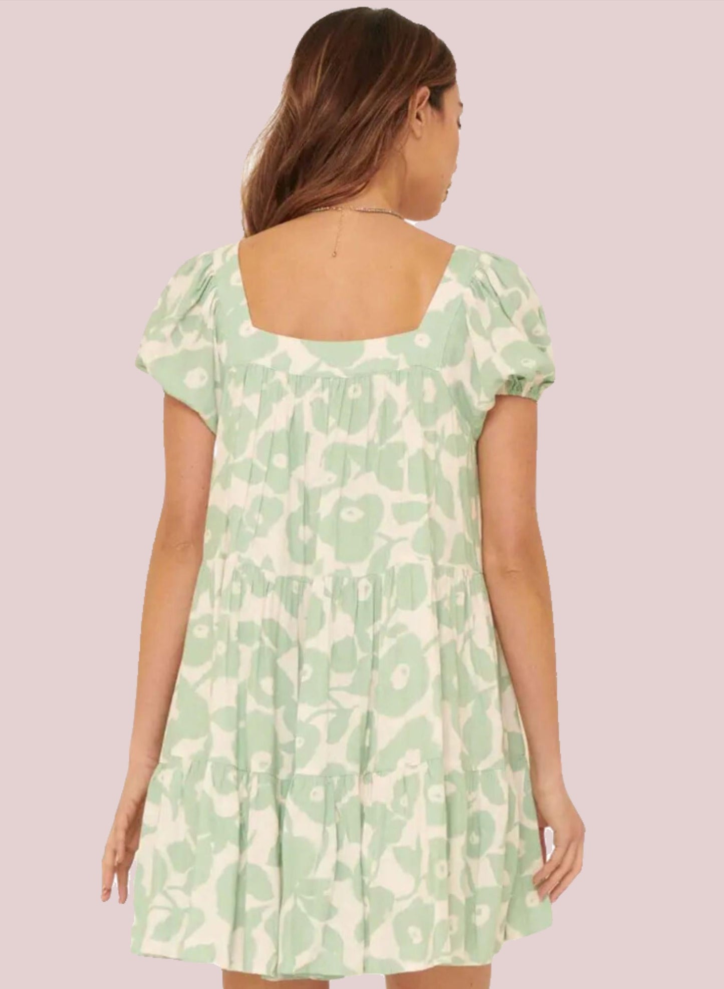 Floral Straight Neck Puff Sleeve Button Mini Dress - BashStyling