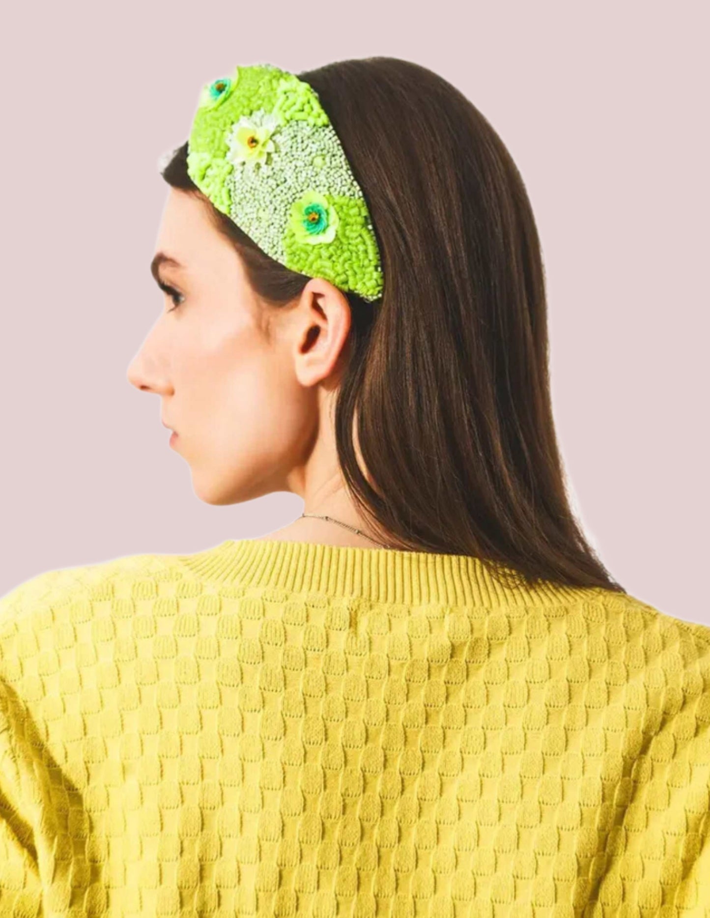 Chunky headband with embellished green flowers - BashStyling
