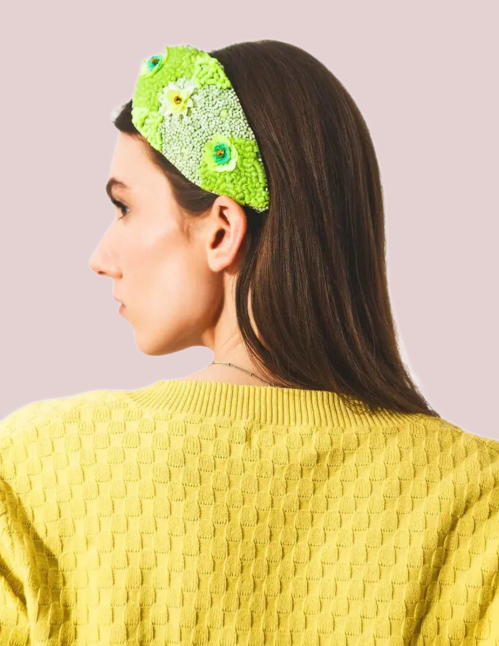 Chunky headband with embellished green flowers - BashStyling