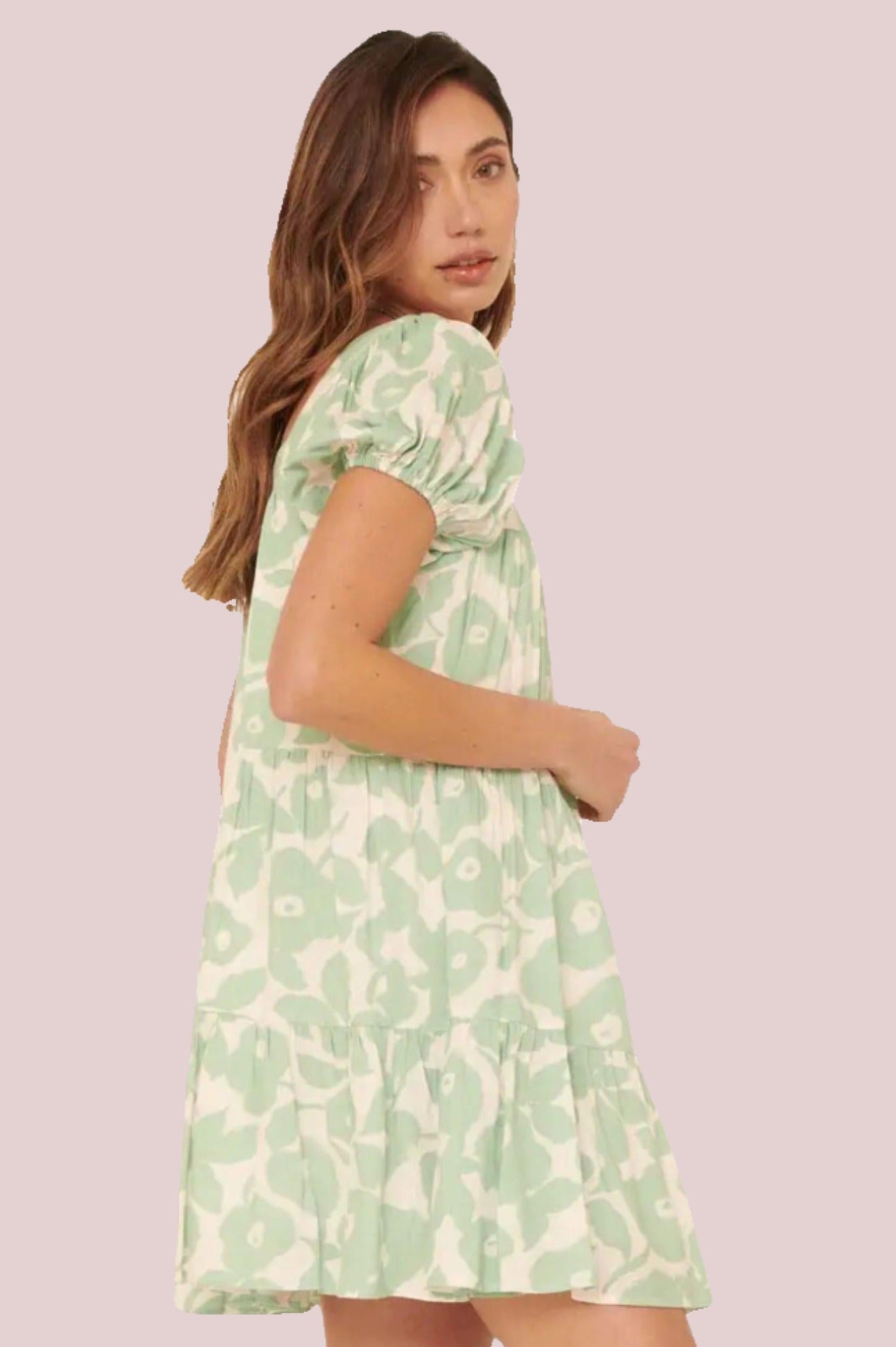 Floral Straight Neck Puff Sleeve Button Mini Dress - BashStyling