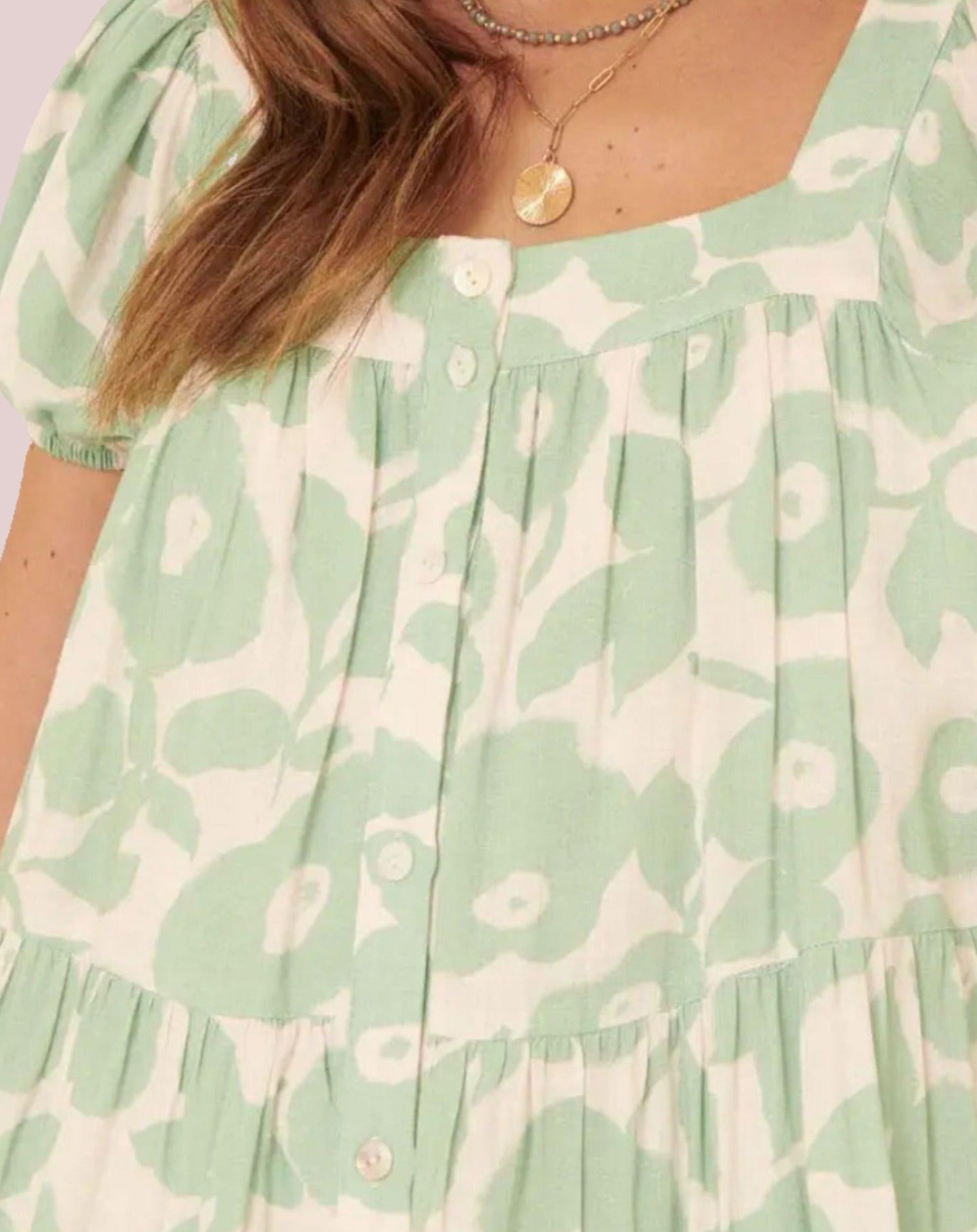 Floral Straight Neck Puff Sleeve Button Mini Dress - BashStyling