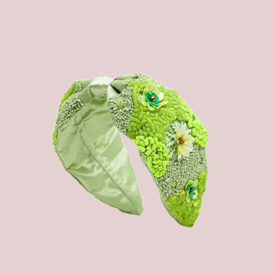Chunky headband with embellished green flowers - BashStyling