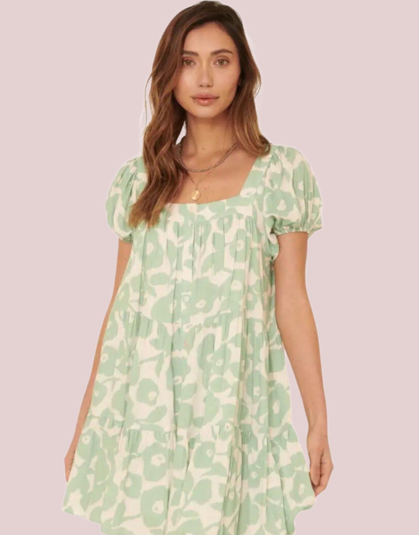 Floral Straight Neck Puff Sleeve Button Mini Dress - BashStyling