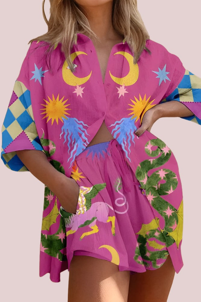 Summer Printed Buttoned Blouse with Shorts Set - BashStyling