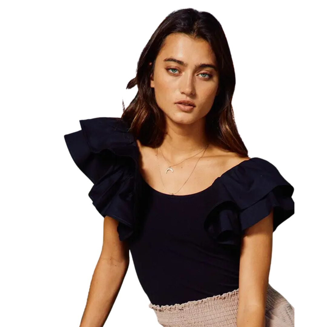 Ruffled Sleeve Cotton Ribbed Top - BashStyling