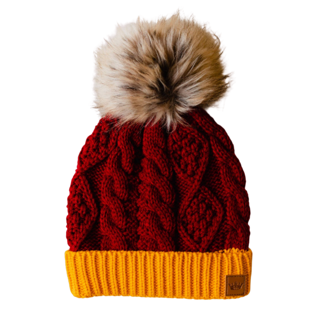 Red & Gold Trim Cable Knit Pom Hat