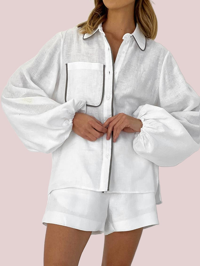 Cotton black contrast blouse short set - BashStyling