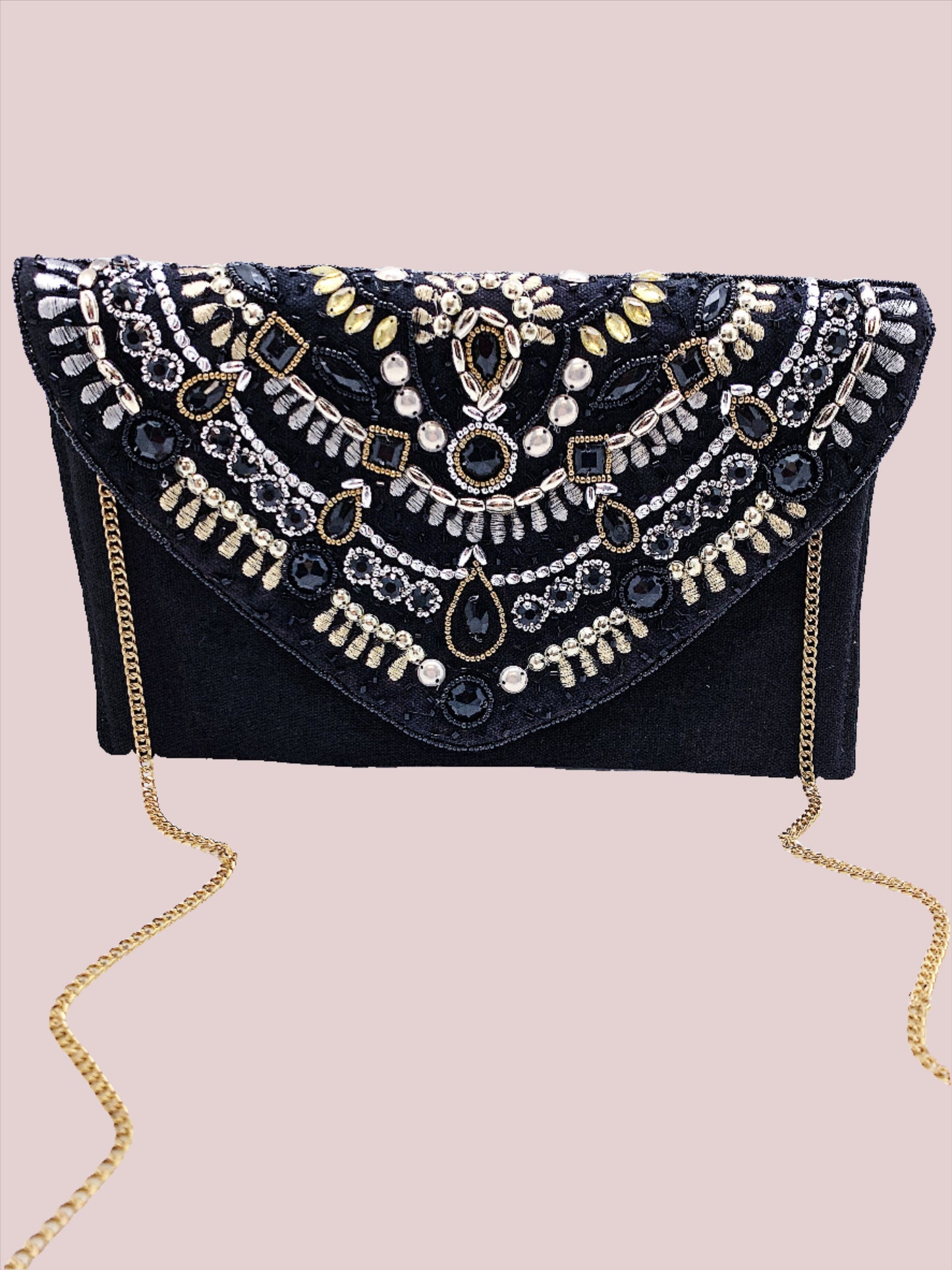 Black Fabric Clutch With Gold, Silver And Black Gems - BashStyling