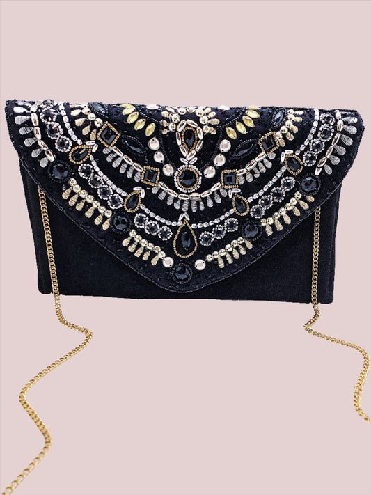 Black Fabric Clutch With Gold, Silver And Black Gems - BashStyling