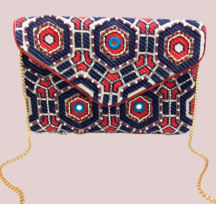 Red and Navy Clutch With Patterned Embroidery - BashStyling