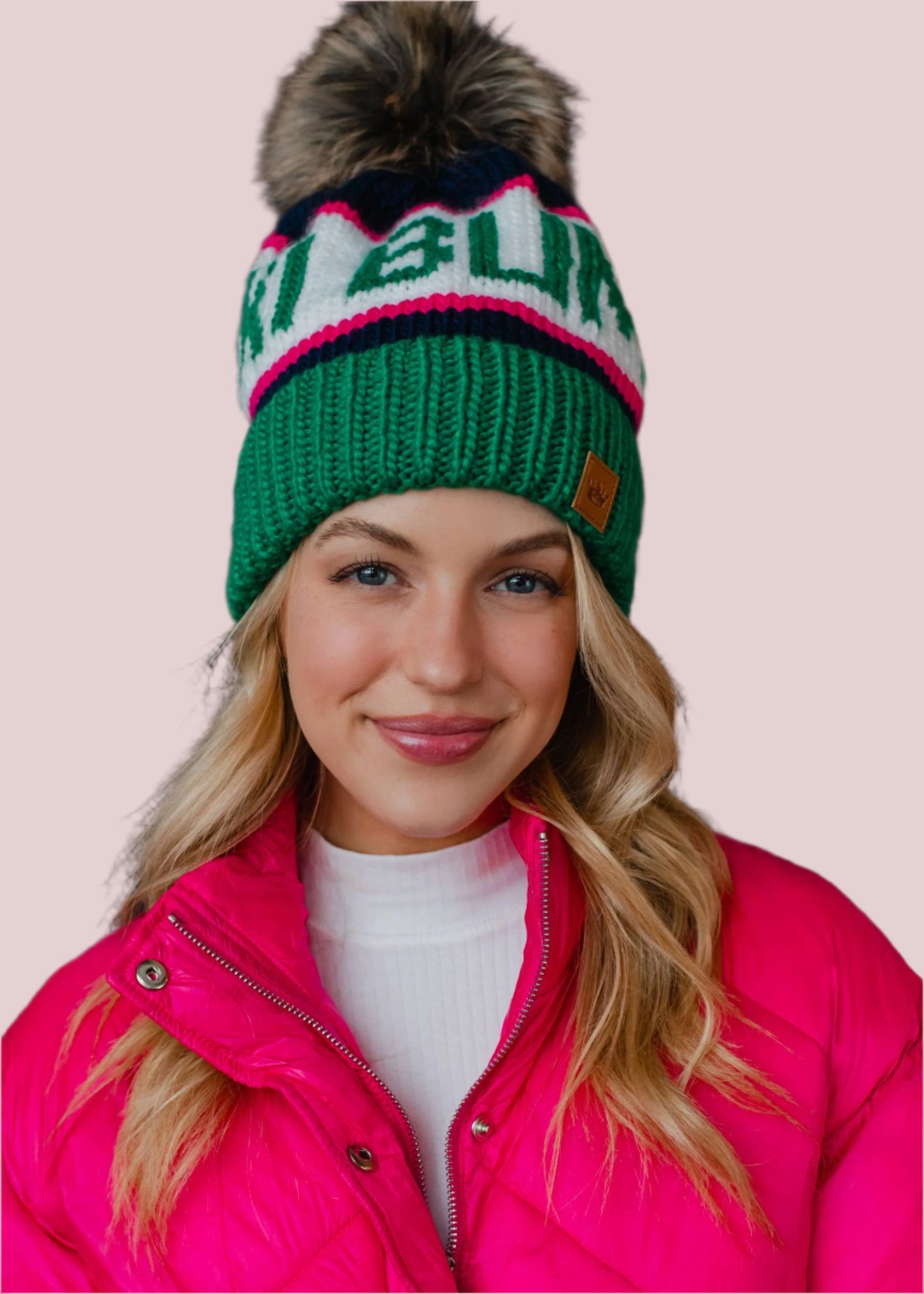 Green, Navy & Pink Ski Bum Pom Hat