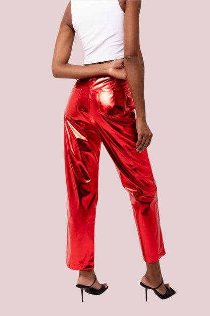 Lupe Straight Faux Leather Metallic Pants