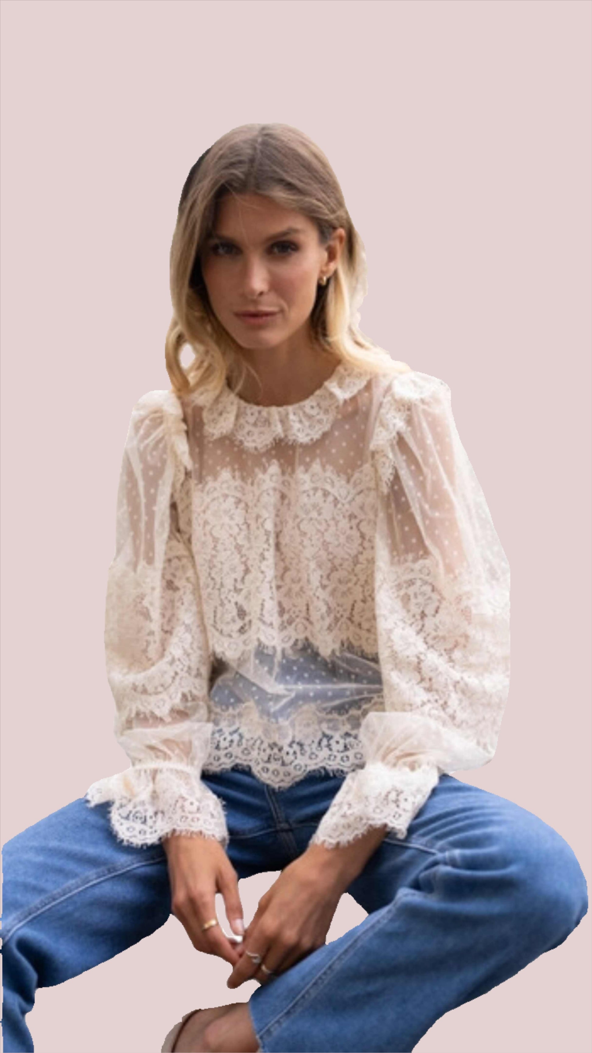 Claudine Collar Lace Blouse in Ecru - BashStyling