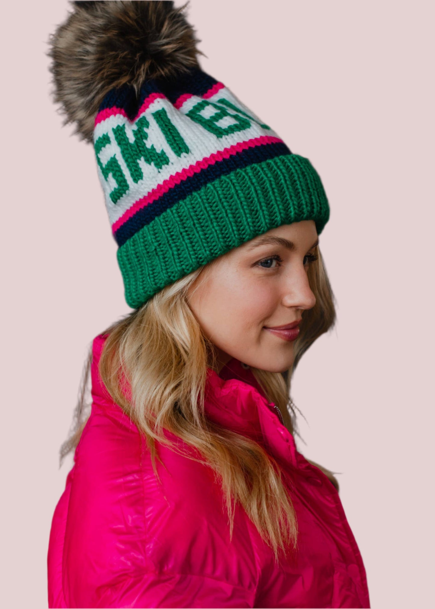 Green, Navy & Pink Ski Bum Pom Hat