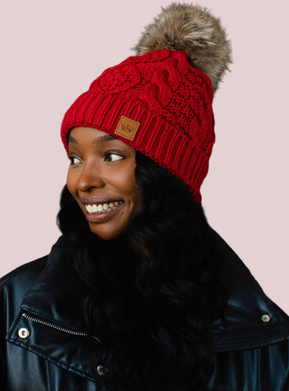 Red Cable Knit Pom Hat