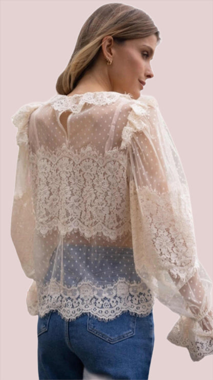 Claudine Collar Lace Blouse in Ecru - BashStyling