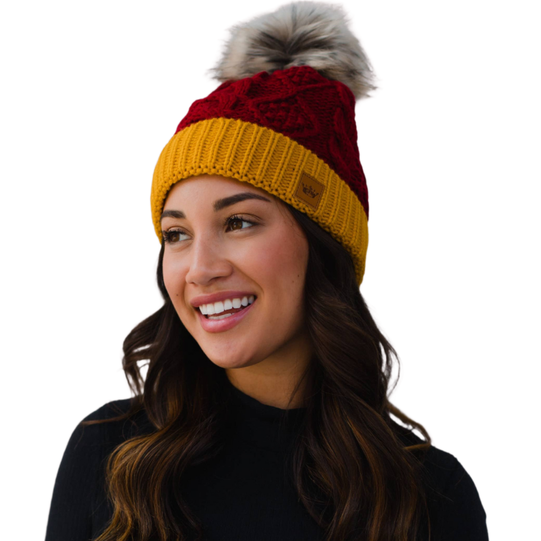 Red & Gold Trim Cable Knit Pom Hat