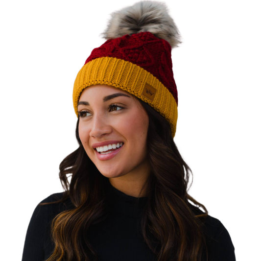 Red & Gold Trim Cable Knit Pom Hat