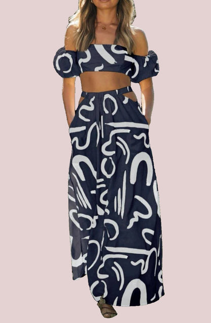 Abstract lines off shoulder bandeau top maxi set - BashStyling