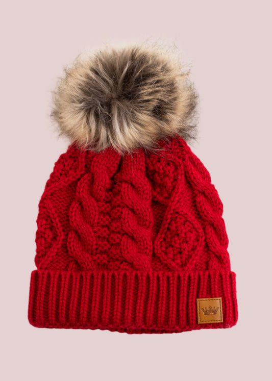 Red Cable Knit Pom Hat