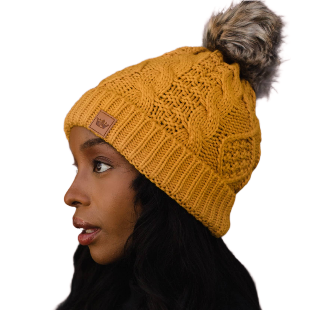 Mustard Cable Knit Pom Hat