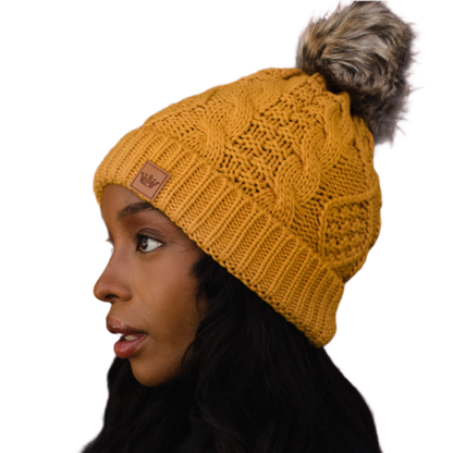 Mustard Cable Knit Pom Hat