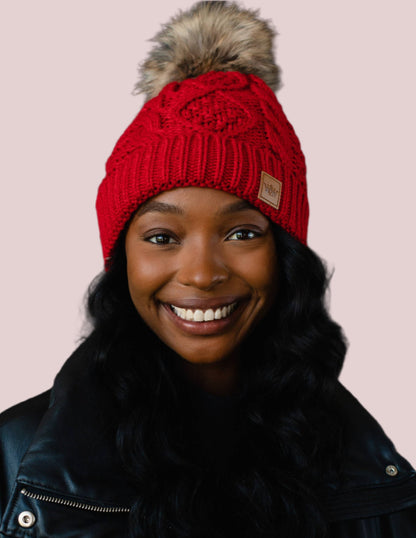 Red Cable Knit Pom Hat