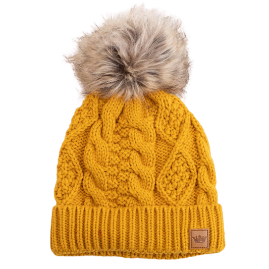 Mustard Cable Knit Pom Hat