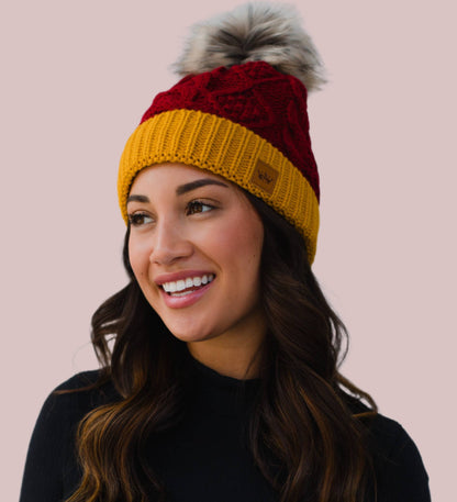 Red & Gold Trim Cable Knit Pom Hat