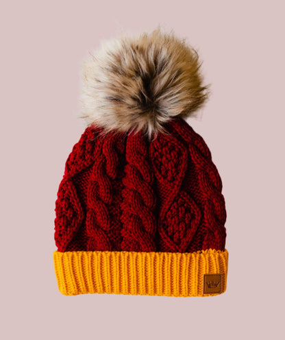 Red & Gold Trim Cable Knit Pom Hat