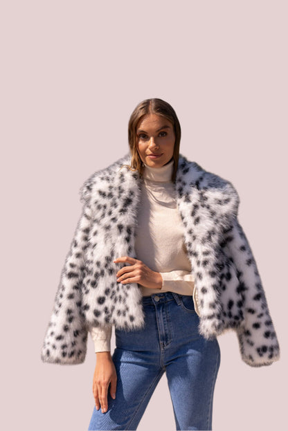 White Leopard Crop Fur Jacket