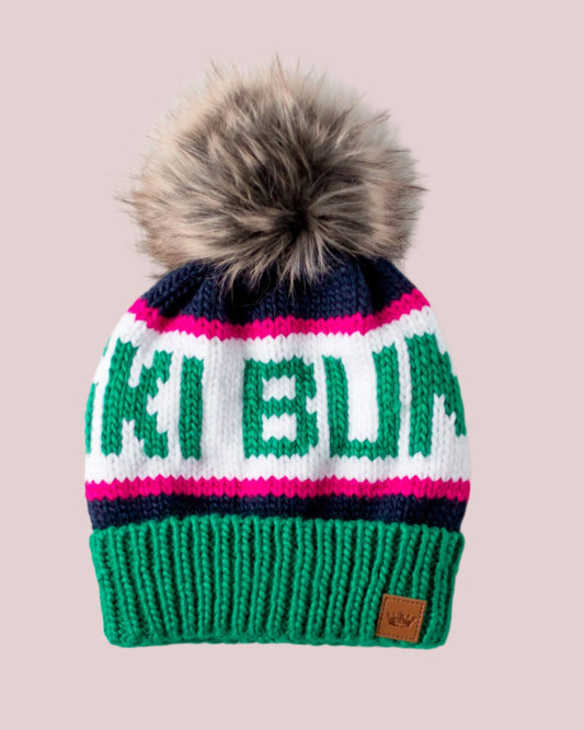 Green, Navy & Pink Ski Bum Pom Hat