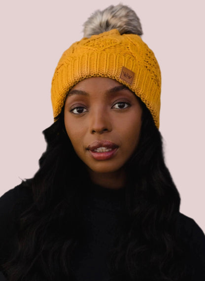 Mustard Cable Knit Pom Hat