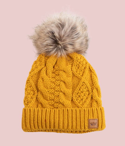 Mustard Cable Knit Pom Hat