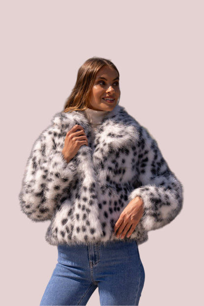 White Leopard Crop Fur Jacket