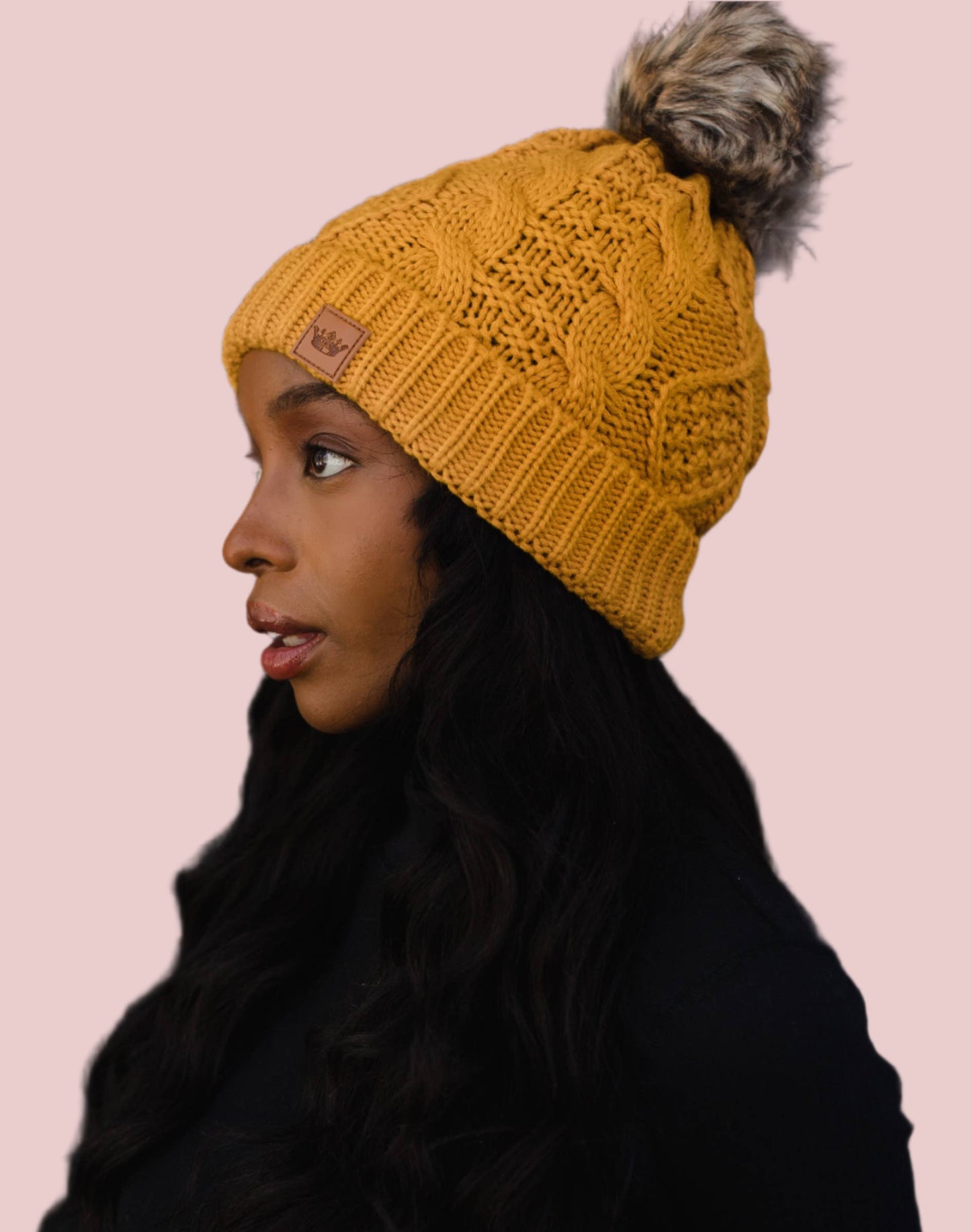 Mustard Cable Knit Pom Hat