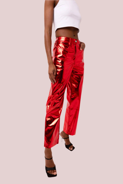 Lupe Straight Faux Leather Metallic Pants