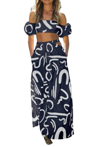 Abstract lines off shoulder bandeau top maxi set - BashStyling