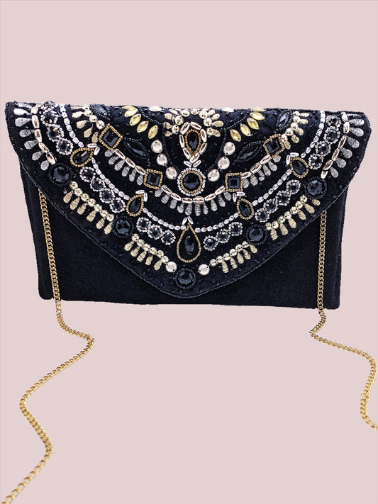 Black Fabric Clutch With Gold, Silver And Black Gems